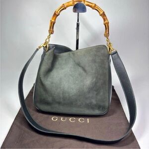 Gucci Dark Green Suede Shoulder Bag with Bamboo Handle